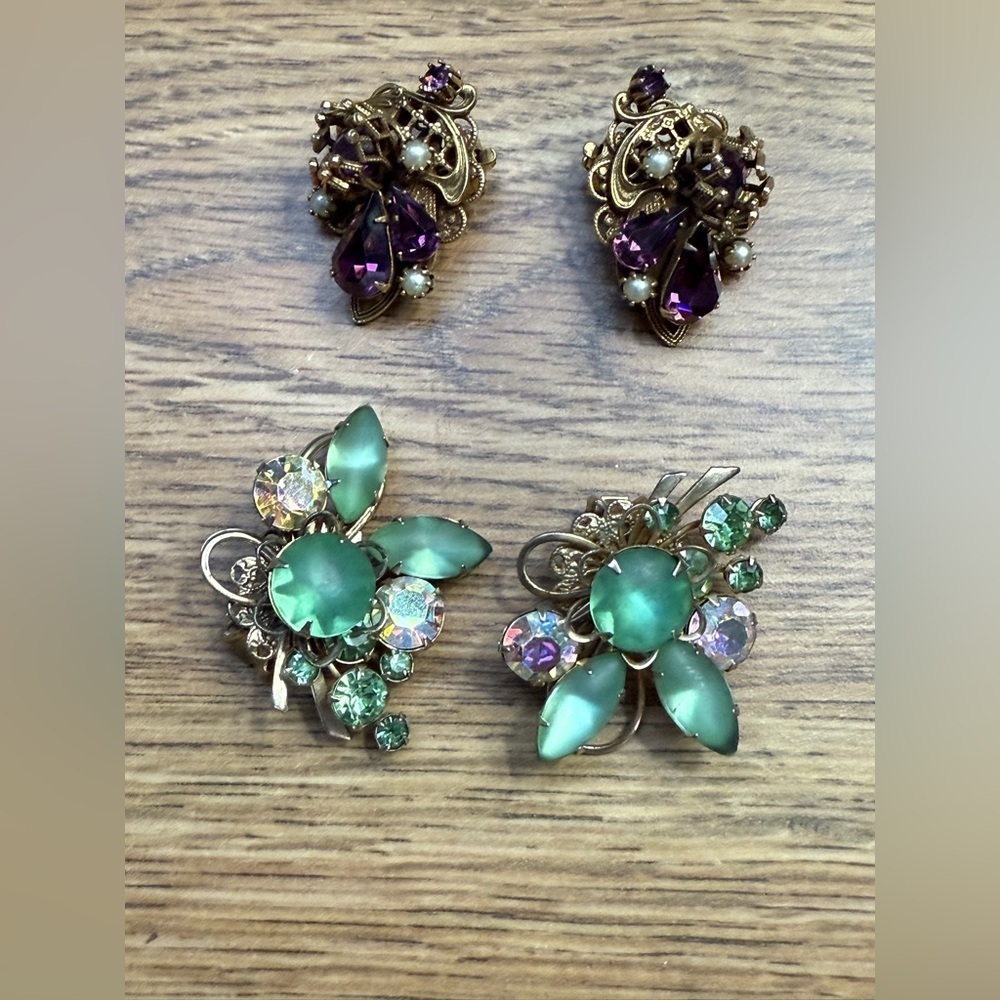 2 Pair Vintage Clip on Earring Sets Elegant Gold and Green, Purple & Gold